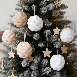 Soulchen 6 Pcs Farmhouse Rustic Crochet Christmas Ball 3.5 Inch Neutral Christmas Ornaments Handmade Chunky Knitted Cozy Xmas Tree Decor Ball Neutral Hanging Decoration for Xmas Tree(Coffee)