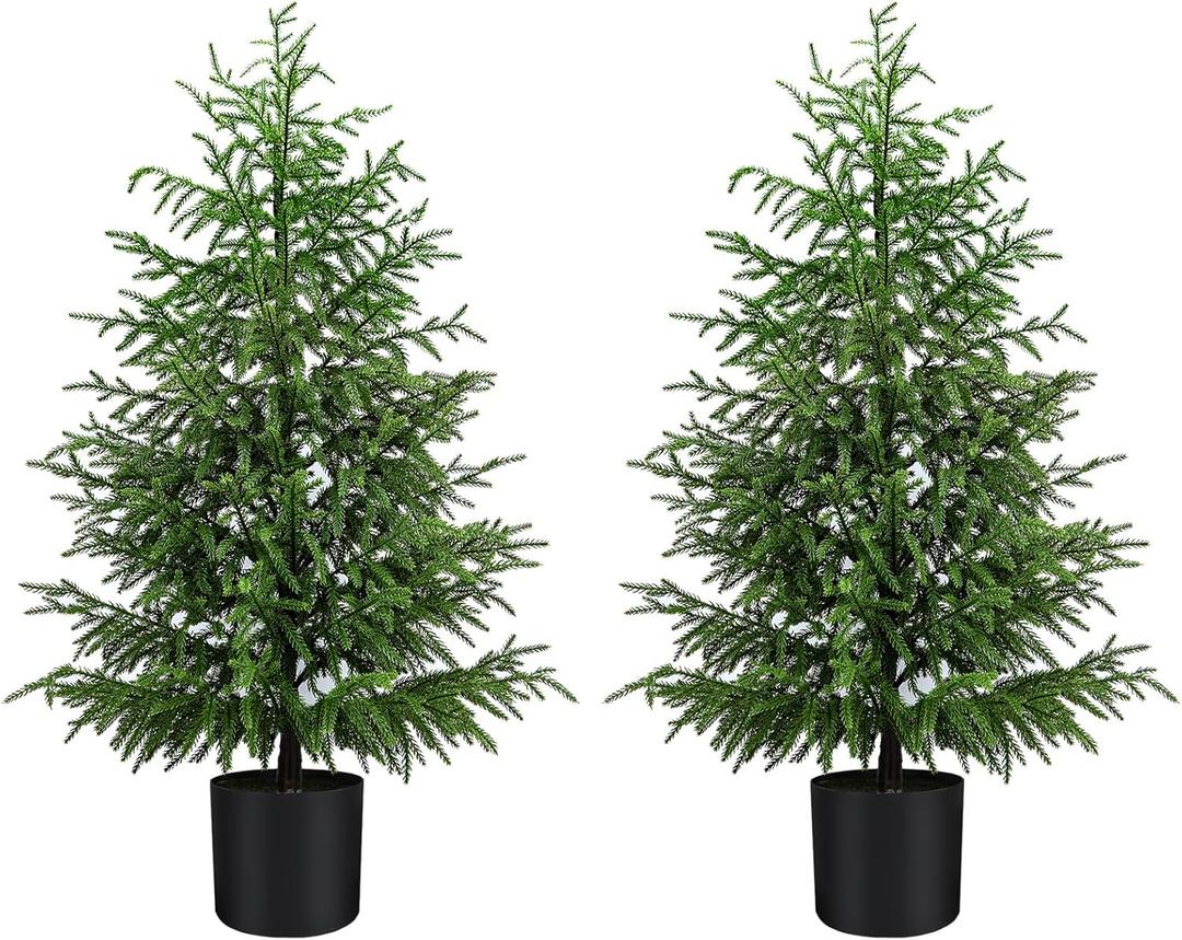 Enven Norfolk Pine Christmas Tree Real Touch Faux Holiday Tree with Pot, Realistic Indoor Outdoor Decoration for Entryway, Living Room, Office, Apartment (4FT- 2Pack)
