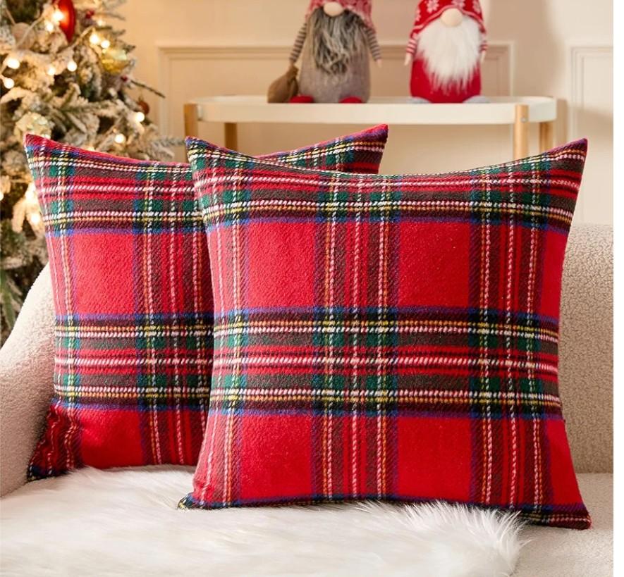 MIULEE Christmas Plaid Decorative Throw Pillow Covers Set of 2 Scottish Tartan Vintage Farmhouse Winter Cuhion Case Pillow Covers for Couch livingroom Sofa Bed Porch Home Decor 18x18inch Red