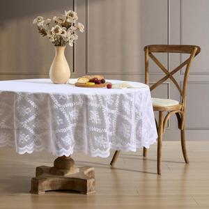 HLC.ME Isabella Floral Lace Tablecloth Round, Lace Fabric Table Cloth for Round Tables, Wrinkle Resistant Tablecloth, Patterned Scalloped Tablecloth (90 Round, White)