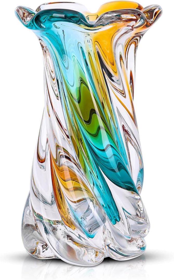 9.45in H Clear Hand Blown Glass Vase, Beautiful Teal and Amber Sea Glass Flower Vases for Bouquet, Colored Wide Mouth Vase for Home Kitchen Bathroom Dining Table Unique Centerpiece