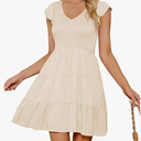 ZESICA Women's 2025 Summer Casual V Neck Flutter Sleeve Bohemian Ruffle Smocked A Line Swing Mini Dress, XL, Beige