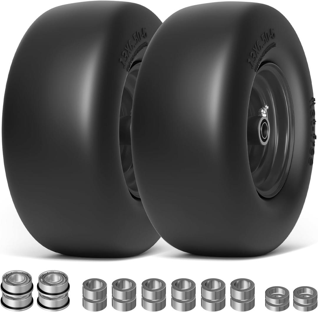 13x6.50-6 Lawn Mower Tires Flat Free, Zero Turn Mower Front Tires for Residential and Commercial, 13x6.5-6 Flat Free Tire and Wheel, 3/4" & 5/8" Bearing, 3.25"-7.65" Center Hub, 2Pack Black