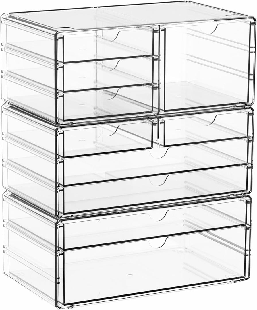 Yieach 3 Pack Acrylic Storage Drawers With 10 Drawers,Stackable Office Cabinet Organizer and Makeup Organizer,Clear Plastic Drawers for Craft Supply,Pen,Stationary,medical,Makeup,Beauty Desk Organizer