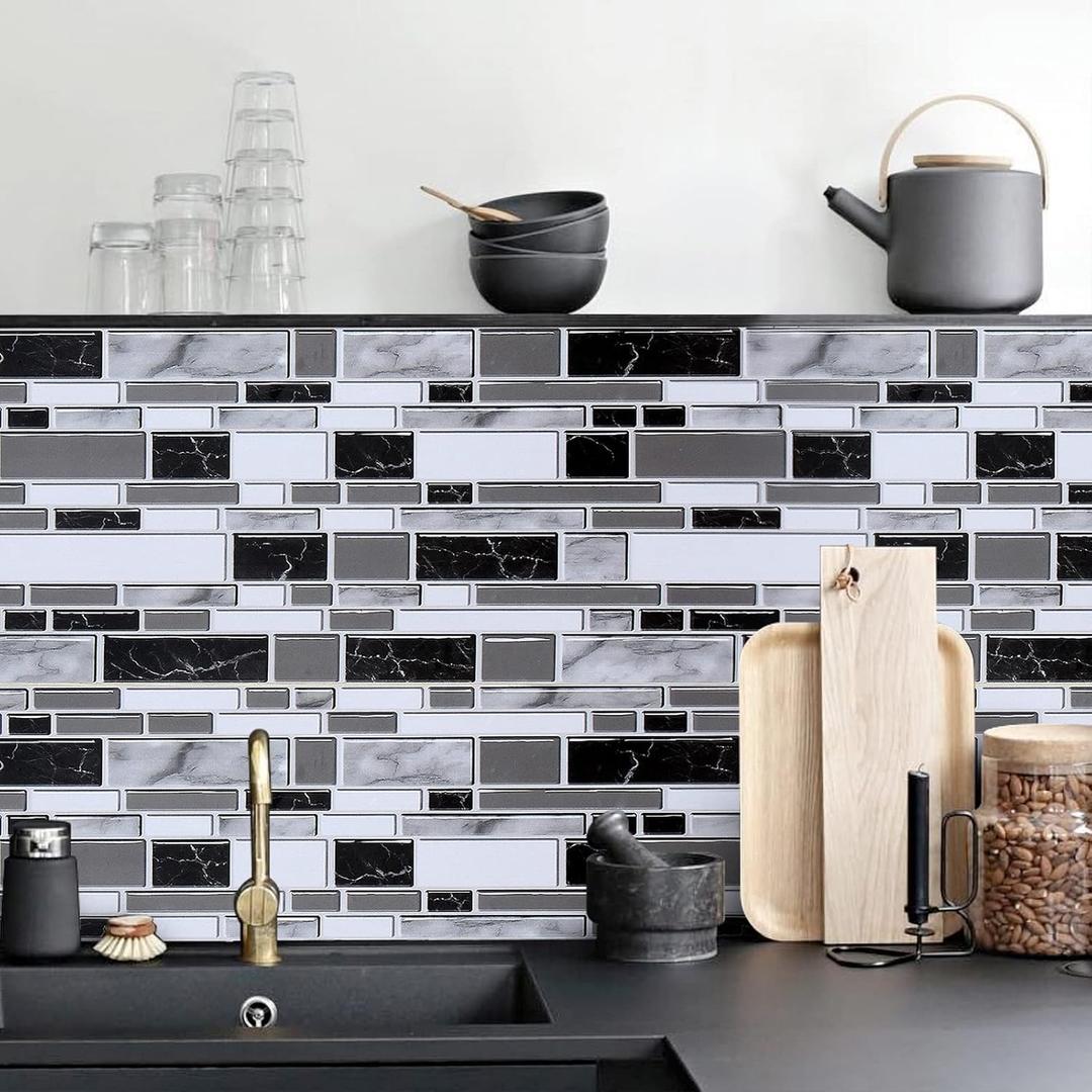 Livebor Peel and Stick Kitchen Wallpaper Backsplash Wall Paper for Kitchen 11.8inch x 78.7inch Backsplash Tiles Wallpaper Peel and Stick Waterproof Countertop Contact Paper for Bathroom Cabinet (Black/White)