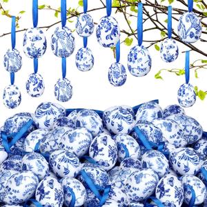 Liliful 36 Pcs Easter Hanging Egg Ornament Blue and White Egg Hanging Tree Decorations Chinoiserie Decorative Eggs Foam Baubles for Easter Tree Spring Farmhouse Ornament Basket Filler