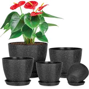 5 Pcs Plant pots, 7.5/6.5/5.7/4.9/4.1 inch Pots for Plants, Flower Pot Indoor Modern Decorative Plant Pot, Plant Pots Indoor with Drainage and Saucer for All House Plants (Drainage Set of 5 Black)