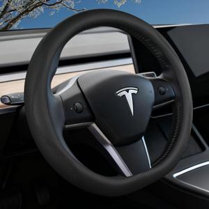 Steering Wheel Cover for Tesla Model 3 (2017-2026) & Model Y (2020-2026) - Custom Fit Leather Cover for Highland/Juniper 15" D-Shape Wheel - Premium Interior Accessory (Black)