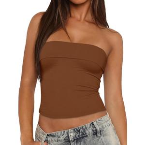 Tankaneo Womens Strapless Tube Tops Cropped Y2K Going Out Fitted Tank Tops | Summer Trendy, Layered Bandeau Shirts (Brown)