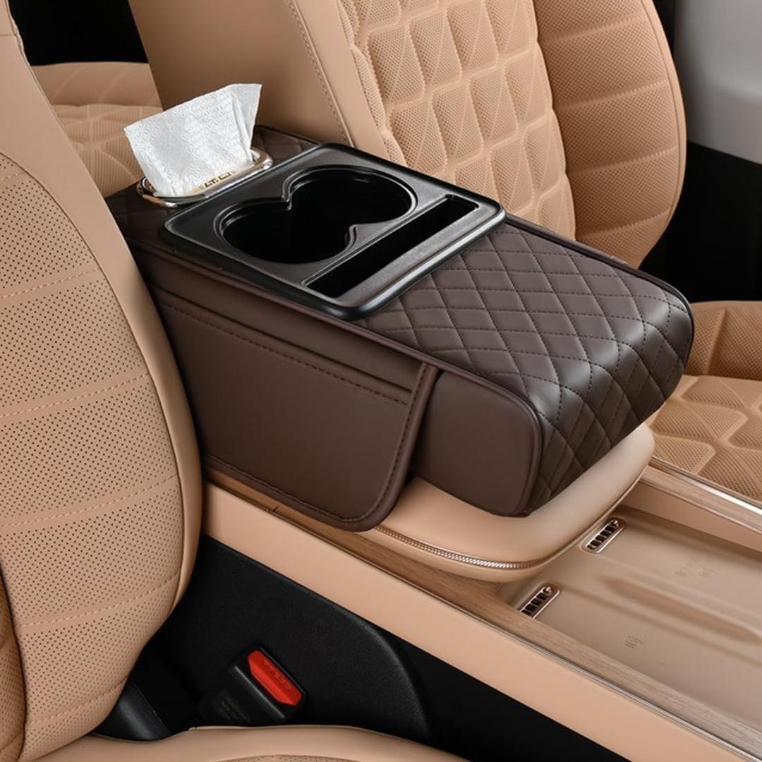 Car Armrest Cushion,5-in-1 Center Console Cover with 2 Storage Bags Cup Holder, Tissue Box Slot, Phone Slot for Sedans, Car Accessories Interior Organizers (Coffee)