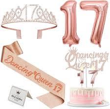 Dancing Queen Party Decorations 17 with Dancing Queen Sash and Tiara, Cake Topper and Candles, Number Balloons, 17th Birthday Decorations for Girls, 17 Year Old Gifts for Girls