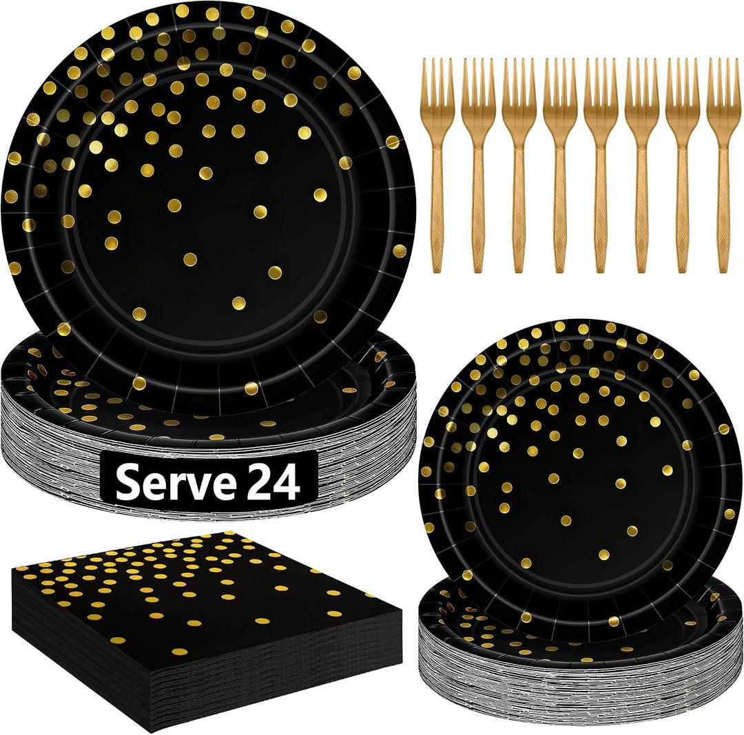 QZYL 96 Pcs Black and Gold Plates Set, Birthday Plates and Napkins Party Supplies, Disposable Black and Gold Party Decorations for 24 Guests, Birthday Tableware Wedding Decor with Plate, Napkin, Fork