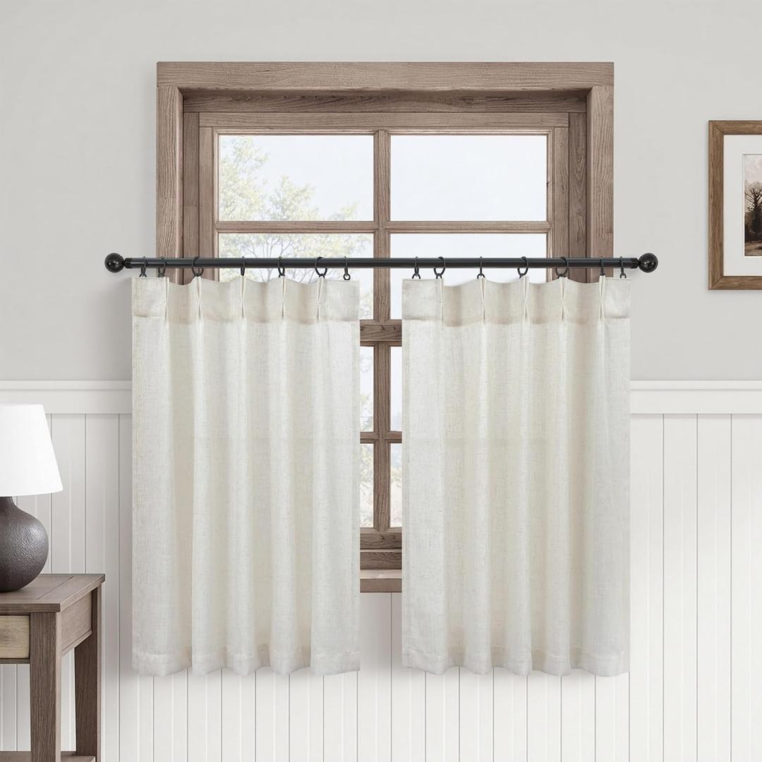 Pinch Pleated Cream Linen Kitchen Curtain 24 Inch Length 2 Panel Set Modern Neutral Short Cafe Curtains with Hooks Light Filtering Semi Sheer Small Window Treatment Tiers for Basement 30x24 2 FT Ivory (Natural)