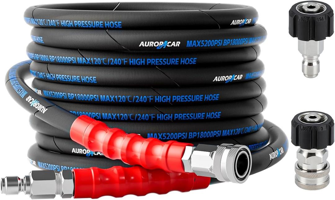 3/8'' Pressure Washer Hose 25FT, Kink Resistant High Tensile Wire Braided Power Washer Hose for Hot and Cold Water with 2 Pcs M22-14mm 3/8" Quick Connect Kit, 5200PSI Commercial Industrial Grade