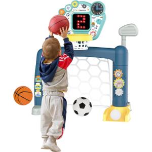 Custer's Night 3-in-1 Toddler Basketball Hoop, Soccer Goal & Golf Set with LED Scoreboard & Music for 18M+ - Adjustable Height, Sturdy Indoor/Outdoor Play
