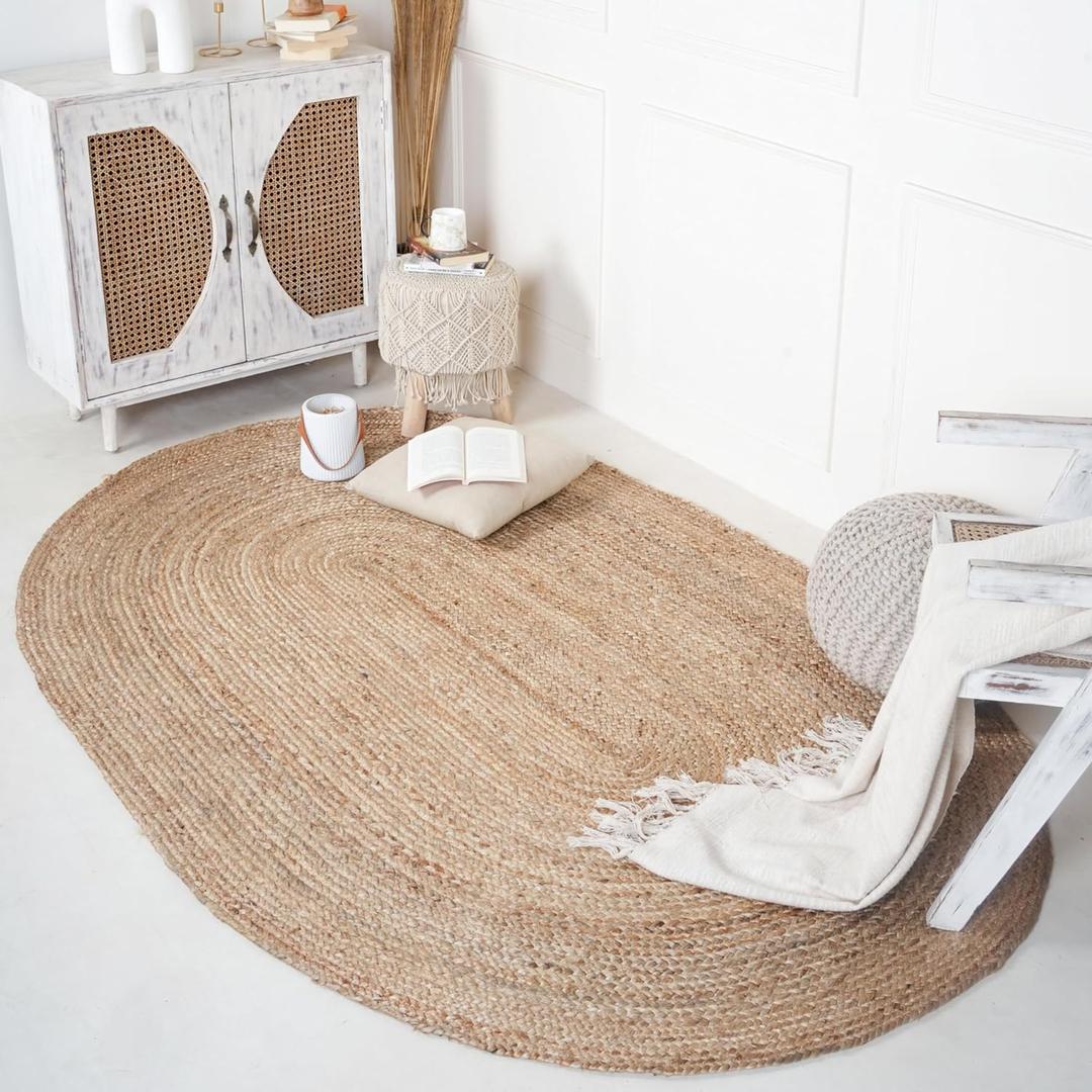 RAJRANG Reversible Oval Jute Rug - 4' x 6' ft - Handmade with Natural Fibers Farmhouse Woven Braided Area Rug for a Cozy and Stylish Touch in Your Living Space