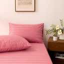 3 Piece Cotton Stripe Fitted Sheet and Pillowcase Set,Including 1 Queen Pink Fitted Sheet & 2 Pillowcase Set,Organic Cotton Deep Pocket Fitted Sheet，NO Flat Sheet Included,Soft and Cooling