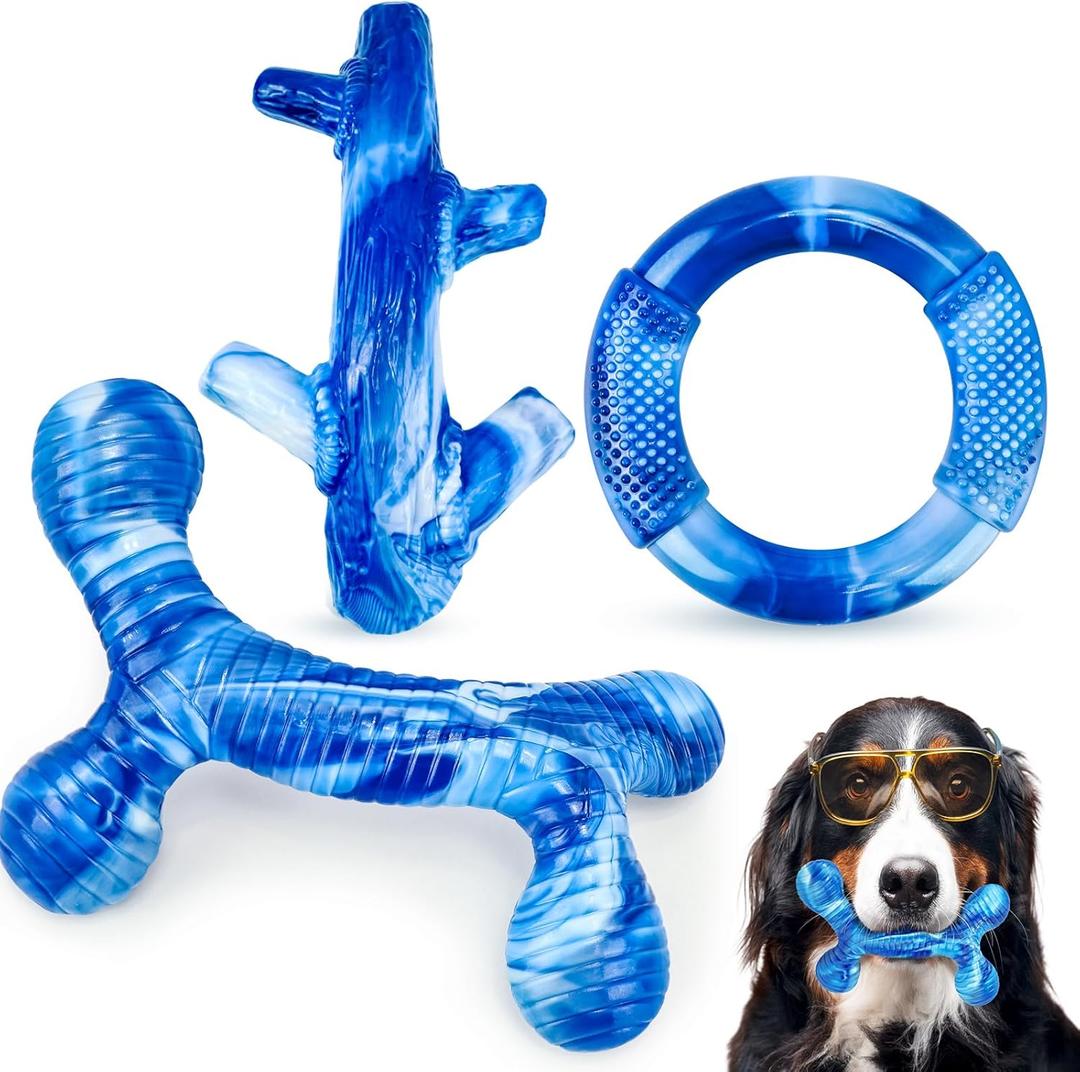 Furdog 3Pack Dog Toys for Aggressive Chewers Dog Chew Toy Tough Dog Toys to Keep Them Busy Bacon Flavor Teething Chew Toys & Dental Health for Large Medium Small Breeds (Blue)