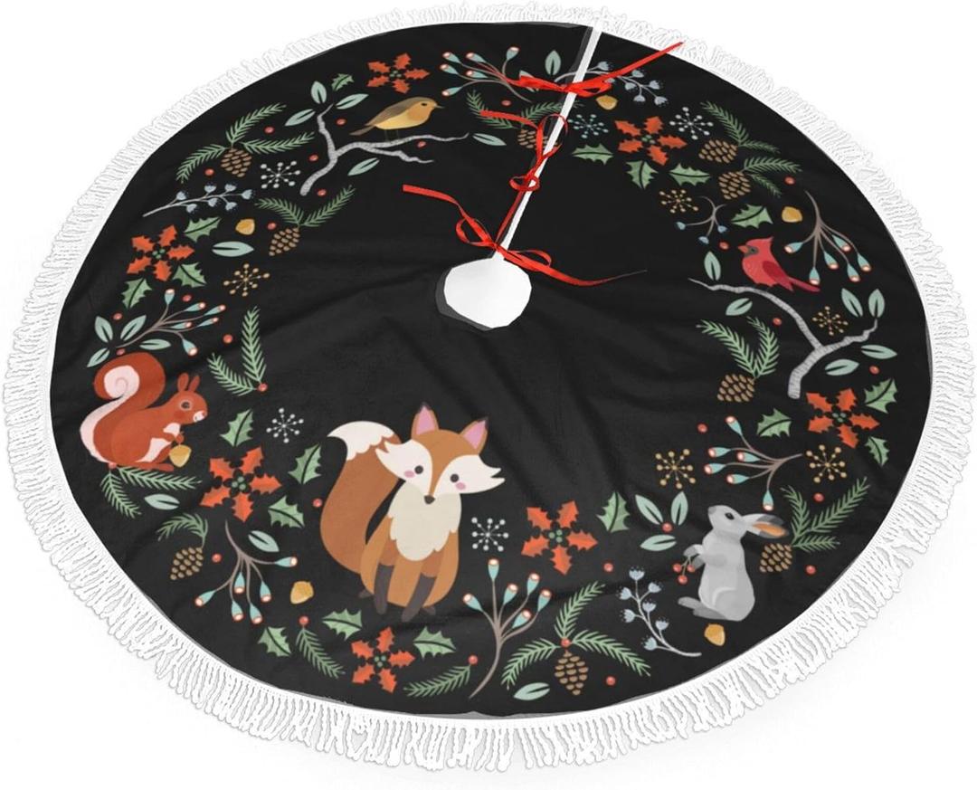 Forest Wreath Christmas Animal Fox Christmas Tree Skirt Gorgeous Edge Tassel Lace for 30" Xmas Ornaments Decoration