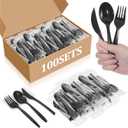 100 Sets (400 Pcs) Individually Wrapped Plastic Silverware Sets Bulk - Disposable Knife Fork Spoon & Napkin Kit in Black for Wedding, Party, BBQ, Picnic, Camping & Events
