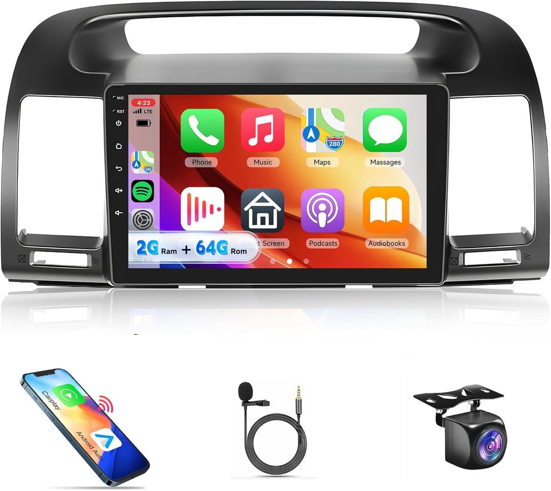 4Core 2G+64G Android Car Stereo Carplay for Toyota Camry 2000 2001 2002 2003 2004 2005 2006, Rimoody 9 Inch Touch Screen Car Radio with GPS WiFi Bluetooth FM Mirror Link Android Auto Backup Camera