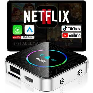 AI Box Carplay, 4+32GB Car Video Box for Netflix/YouTube/TikTok/TF Card & HDMI Output Streaming Magic AI Box Wireless CarPlay Adapter with Ambient Light, Fits for OEM Wired Car Play Cars