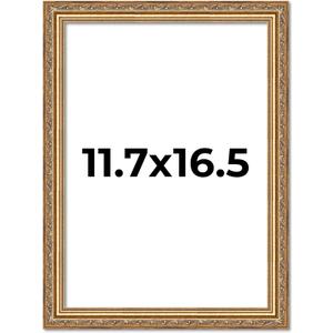 A3 11.7x16.5 Antique Gold Picture Frame - Traditional Wood Photo Frame Complete with UV Acrylic, Foam Board Backing & Hanging Hardware