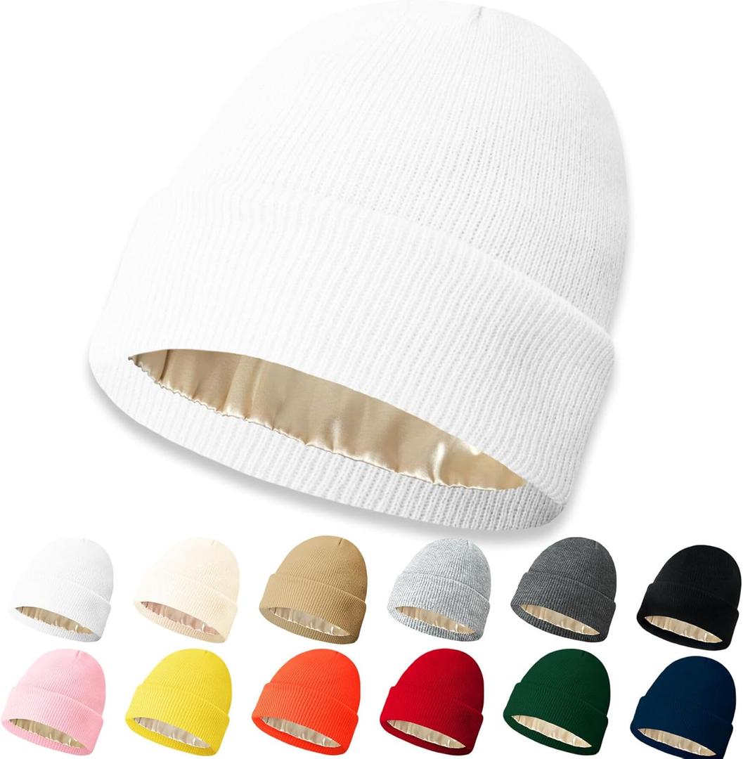 NPQQUAN Beanie for Men Women Winter Hats for Mens Beanie Cuffed Knit Beanies Skull Cap (White(with Satin Lined))