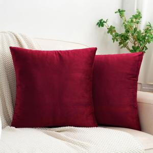 HWY 50 Burgundy Red Velvet Throw Pillow Covers 18x18 Inch, Pack of 2 Soft Cozy Solid Decorative Luxury Cushion Cases for Couch Sofa Bed Living Room Bedroom