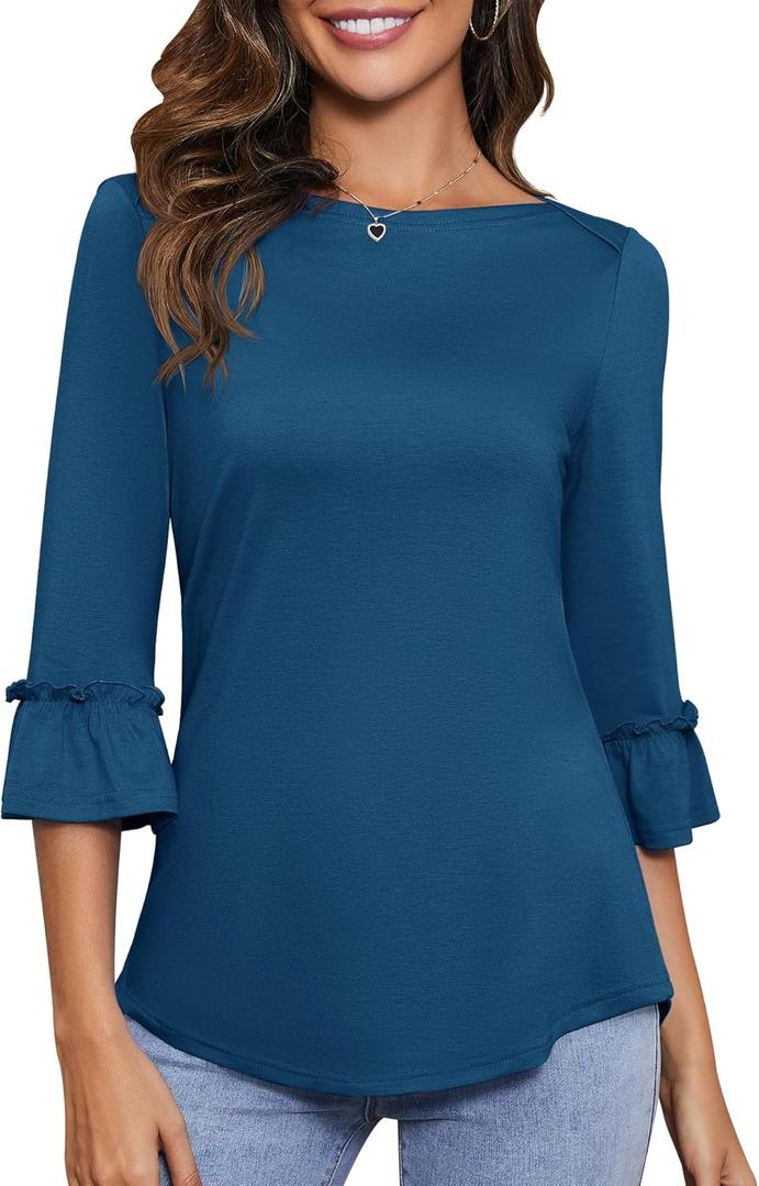Kistore Womens Tops Dressy Casual 3/4 Length Bell Sleeve Shirts Boat Neck Tunic Blouses (Blue, XXL)