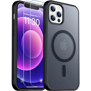 SPIDERCASE for iPhone 12 Case for iPhone 12 Pro Case, Magnetic Translucent Matte Case with 2PCS Tempered Glass Screen Protector Slim Phone Case for iPhone 12/12 Pro 6.1'', Black