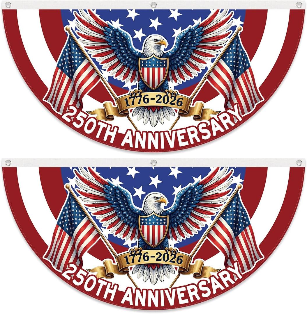 USA 250th Anniversary Bunting Patriotic Decorations American Flag Eagle Design Banner for Independence Day 4th of July Memorial Day Outdoor Decorations 2 Pack