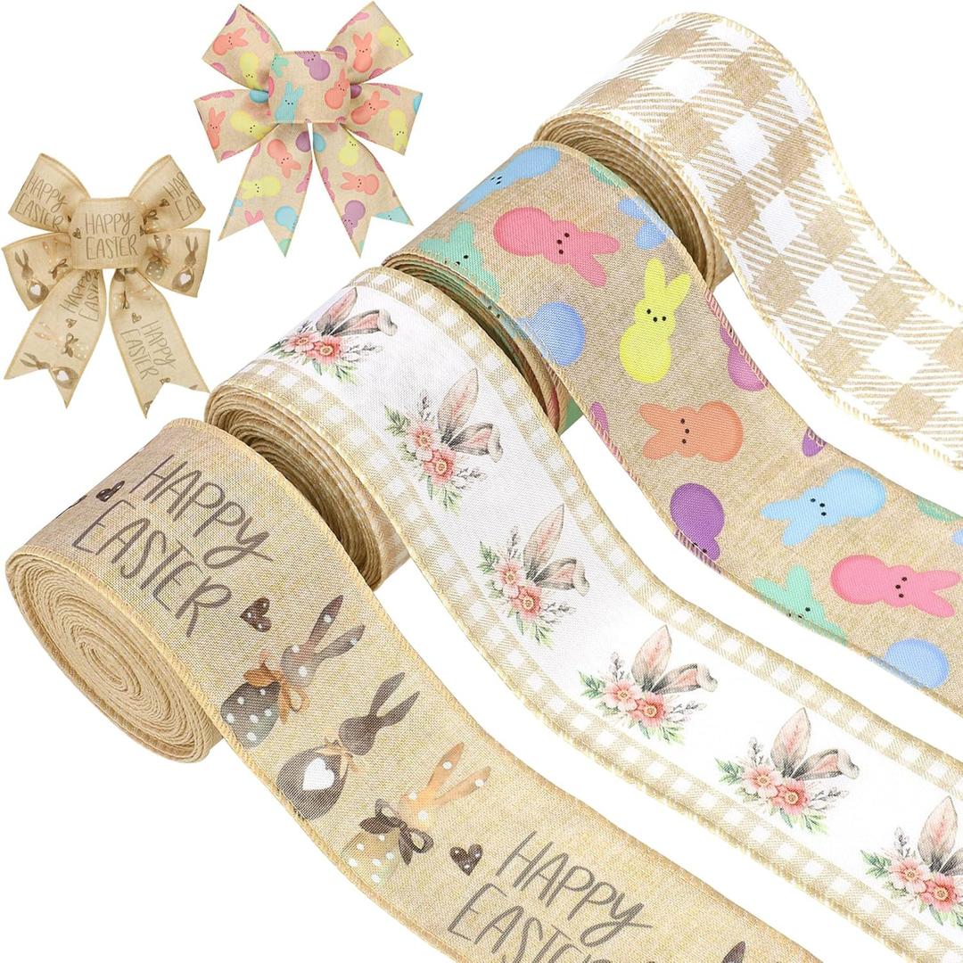 Peony Man Easter Wired Edge Ribbon Farmhouse Bunny Burlap Ribbons 2.5" Plaid Rustic Peeps Wired Ribbon for Easter Holiday Gift Wrapping Wreath Bow Decor DIY Craft, 24 Yards