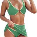 3 Piece Swimsuits for Women Color Block High Waisted Bikini Sets Thong Sexy Bathing Suit Cover Up Skirt (Large)