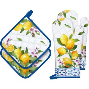 Summer Lemon Oven Mitts and Pot Holders Sets 4Pcs, 100% Cotton Heat Resistant, Extra Long Oven Gloves Potholder for Kitchen Cooking Baking Decoration