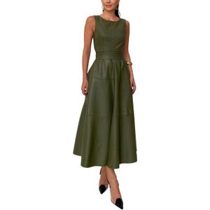 CHARTOU Women PU Faux Leather Sleeveless Elegant Flowy Long Dress Party Night Out Dress with Belt (Large, Green)