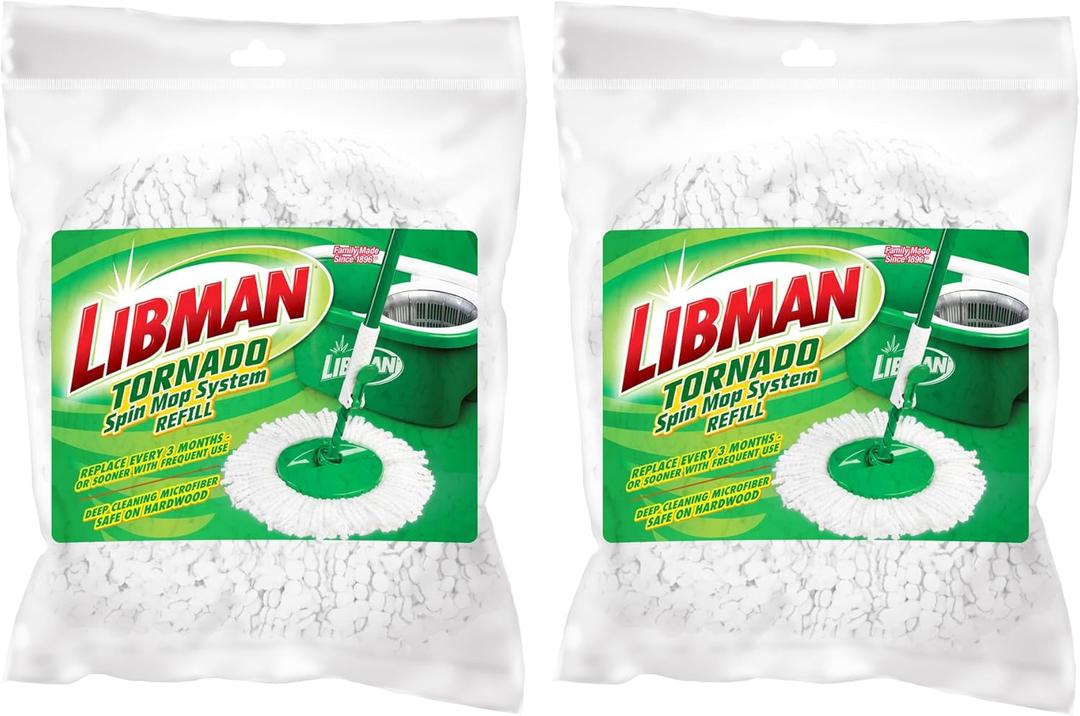 Libman Tornado Spin Mop Refills - Case of 2 - Microfiber Heads, Easy to Replace, Machine Washable