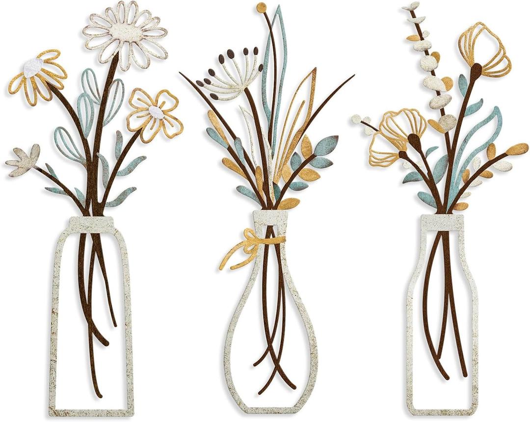 Pigort 3 Pieces Metal Flowers Wall Art- Rustic Farmhouse Decor Minimalist Decor for Living Room Bathroom Bedroom Dining Room, Housewarming Gifts Christmas Decoration (Beige, Vase-C)