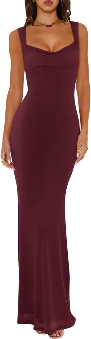 REORIA Women's Summer Cowl Neck Mesh Sleeveless Tank Dress Sexy Double Lined Bodycon Maxi Long Dresses (Medium, Burgundy)