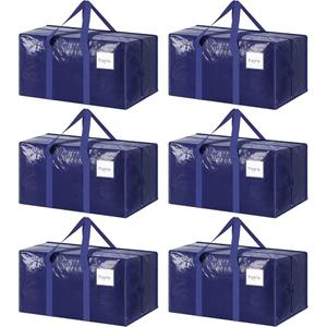 6 Pack Extra Heavy Duty Large Moving Bags with Strong Zipper & Comfortable Handles, Sturdy & Durable Clothes Storage Bags Totes Bins, Blue Packing Moving Boxes for College Supplies, Dark Blue