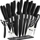 EUNA Kitchen Knife Set, 19 PCS Black Knife Set with Acrylic Block and Sharpener, German High-Carbon Stainless Steel Knife Sets with 6 Serrated Steak Knives, Bread Knife, Chef Knife, Dishwasher Safe
