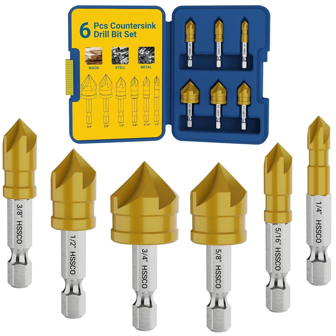 MABLEVI 6 Pieces Countersink Drill Bit Set, M35 Cobalt HSS Countersink Drill Bits with 1/4 Inch Quick Change Hex Shank for Metal, Wood, Stainless Steel, Carbon Steel