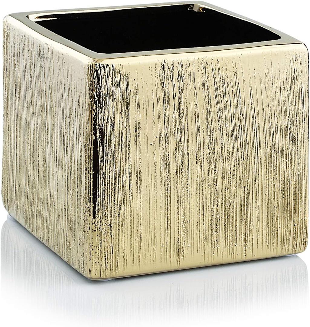 WGV Ceramic Cube Vase Width 5.5" Height 5" (Fits 5" Pot) Elegant Modern Block Square Floral Planter Terrarium Container Table Dresser for Event Accent Home Office Decor Gold Textured 1 Piece