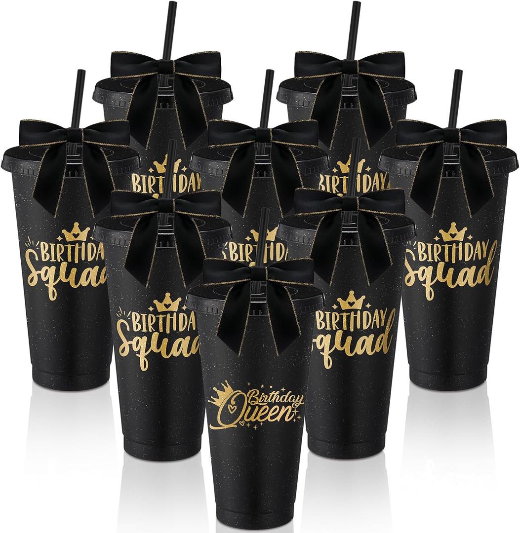 8 Set Birthday Party Glitter Tumblers 24 oz Birthday Squad Birthday Queen Plastic Tumblers with Lid Straw and Twist Bow for Birthday Decorations Party Favor for Women(Black)