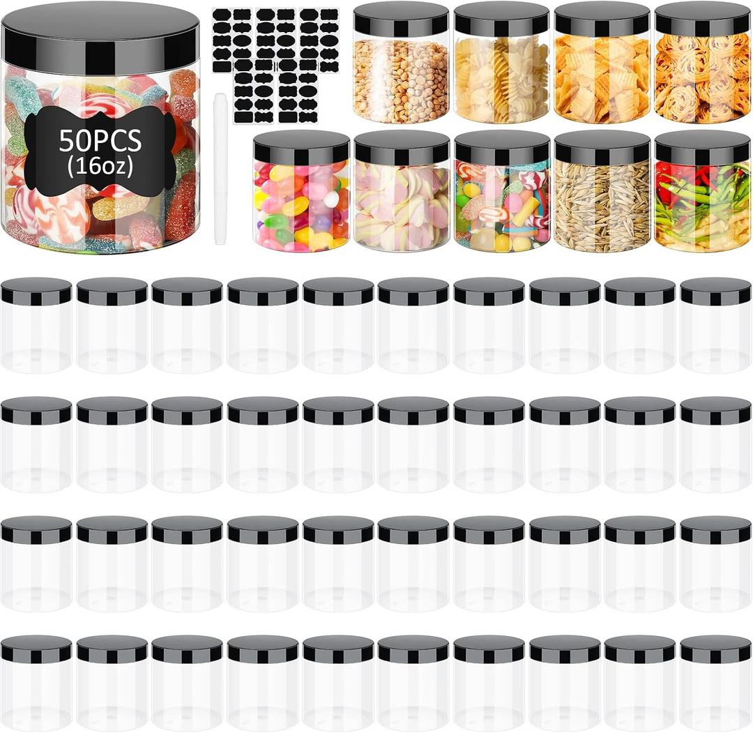 Zubebe 50 Pack 16 oz Plastic Jars with Lids Clear Plastic Mason Jars Airtight Containers Refillable Round Empty Container for Dry Food Storage, Cookie, Honey, Candy(Black)
