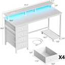 Furologee 47" White Computer Desk with 4 Fabric Drawers & Monitor Stand, Gaming Desk with Power Outlets - LED Lights, Home Office Space-Saving Study Table for Bedroom Small Spaces