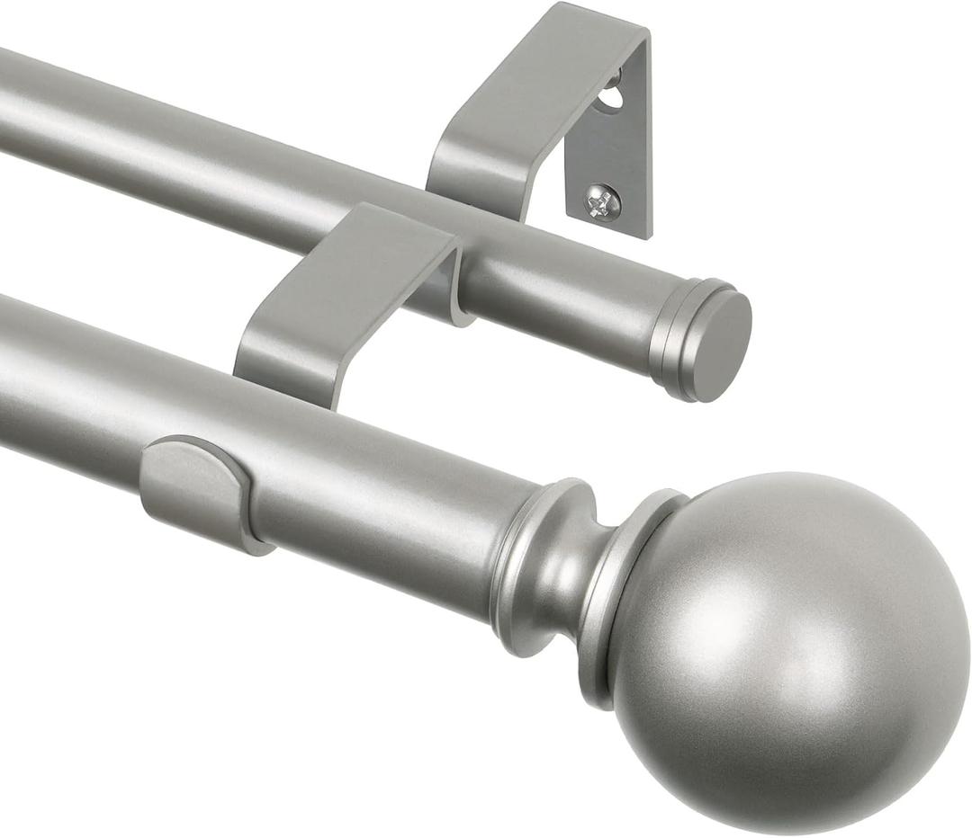 KAMANINA 1 Inch Double Curtain Rod 72 to 144 Inches(6-12 Feet), Silver Curtain Rods for Windows 66 to 120 Inches, Heavy Duty Drapery Rod with Round Finials