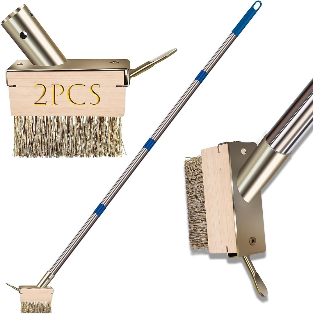 Moss Grout Remover Brush Tool with Detachable 64.9Inch Handle for Outdoor Concrete Deck Pavers Patios Walkways Crevice Cleaning, 2 Pcs Metal Wire Brush Heads with Crack Scraper Weeder Puller (Blue)