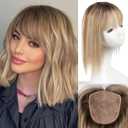 starluck Hair Toppers for Women with Bangs, 5"*5.5"Large Coverage Ombre Blonde Mix Brown 100% Real Human Hair,Cover Gray HairRoots,Best Hairtoppers for ThinHair (12 Inch-bangs)