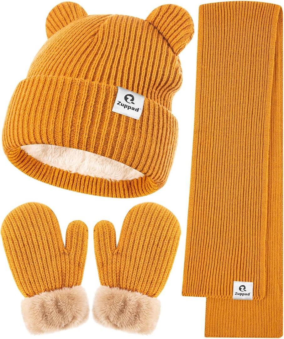 Baby Beanie Mittens Scarf Set,Toddler Infant Kids Winter Hat with Bear Ear Thermal Gloves Neck Warmer Set for Girls Boys (6-36 Months, Camel)